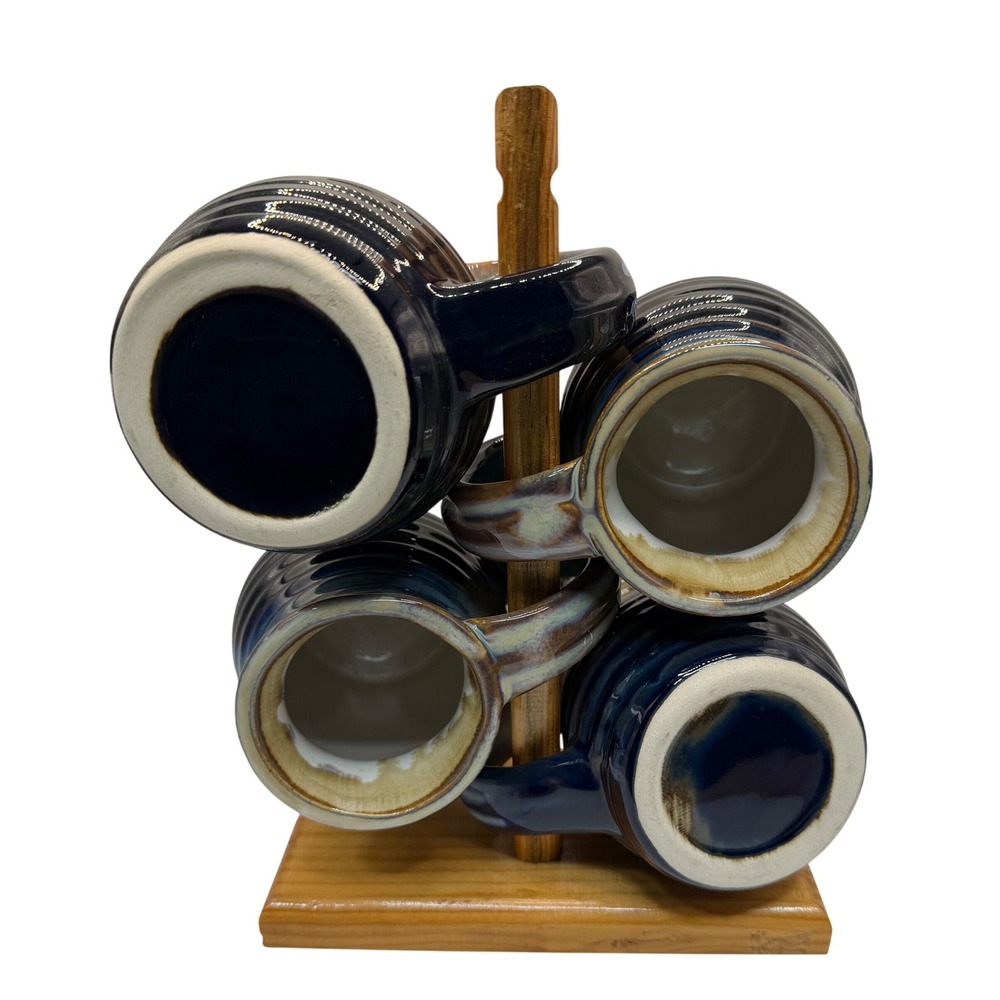 Vintage Blue Drip Glaze Stoneware Mug Set of 4 Wooden Mug Tree Stand MCM